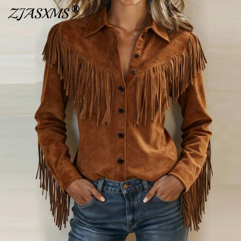 Retro Woman Clothes Spring Turn-down Collar Button Jacket Coats Casual Solid Suede Tassel Top Cardigan Autumn Outerwear