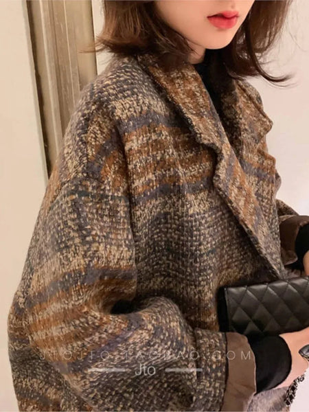 Bella philosophy Winter Korean Overcoat Women Vintage Woolen Loose Coats female Double Breasted Turn-down Collar Overcoat