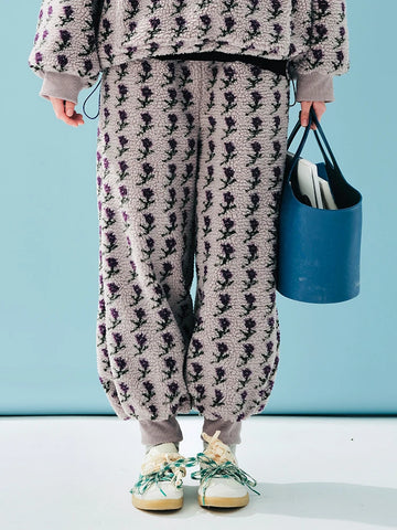 Grey Purple Lamb Wool Pants Women's Winter with Thick Velvet Design and Small Flower Shrink Mouth Pants