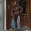 Women Brown Drawstring Waist Puffer Jacket Stand Collar Warm Cotton Padded Coat Casual Oversized Winter Parka Outerwear