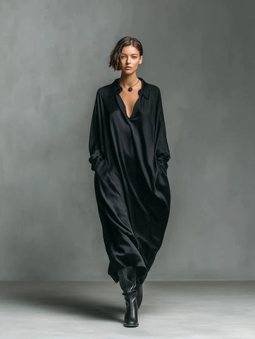 Satin Oversized Shirt Maxi Dress Lapel Collar V Neck Pockets Loose Flowy Minimalist Elegant Daily Casual Dress for Women