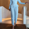 Elegant Woolen Top Pants Women Set Urban Long Sleeve Slash Neck Pleated Blouse Straight Trousers Autumn Winter Lady Suit