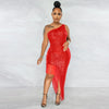 Women Tassel Side Sequins One Shoulder Skew Neck Bodycon Midi Maix Irregular High Low Long Dress Sexy Night Party