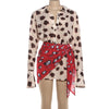 Contrast Polka Dot Sheer Short Dress Women Chic Lapel V-neck Long Flare Sleeves With Wrap Tie Dresses Layered Daily Ootd Styling