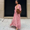 Casual Solid Ruffles Patchwork Robe Women Minimalist Full Sleeve Mesh Loose Fit Lace Up Maxi Dress Vacation Daily Date Wear