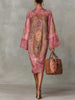 Women's Vintage Elegant Printed High Neck Kaftan Dress Long Sleeves Loose Elegant Evening Midi Dresses Robe