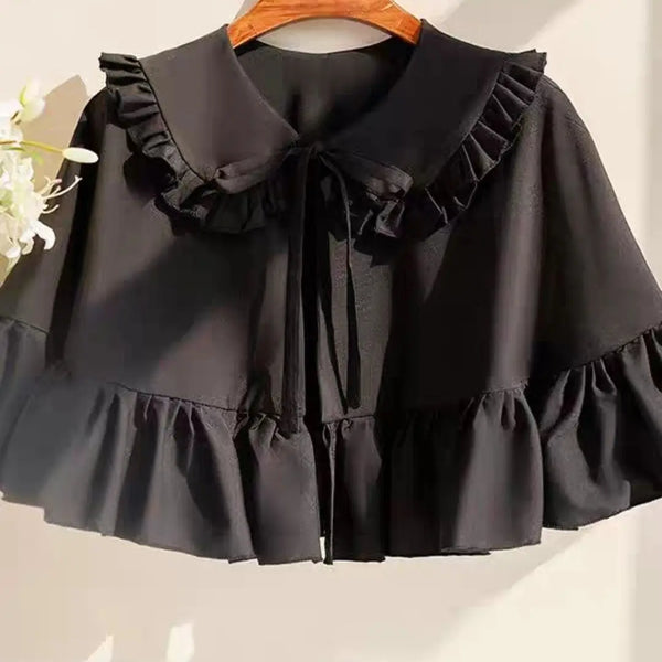 Women's Gothic Black Lolita Shawl Womens Loose Lace-Up Ruffle Doll Collar Cloak Jacket Lady Vintage Kawaii Sweet Blouse
