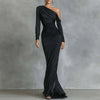 Sexy Skew Collar Hollow Solid Evening Dress Woman Elegant High Waist Pleated Dress Fall One-shoulder Long Sleeve Slim Maxi Dress