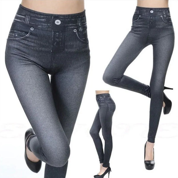 1pcs Women's Denim Print Leggings Females Slim Leggings Faux Jeans Leggings Lady Stretch Printed Tights Black Blue Pants