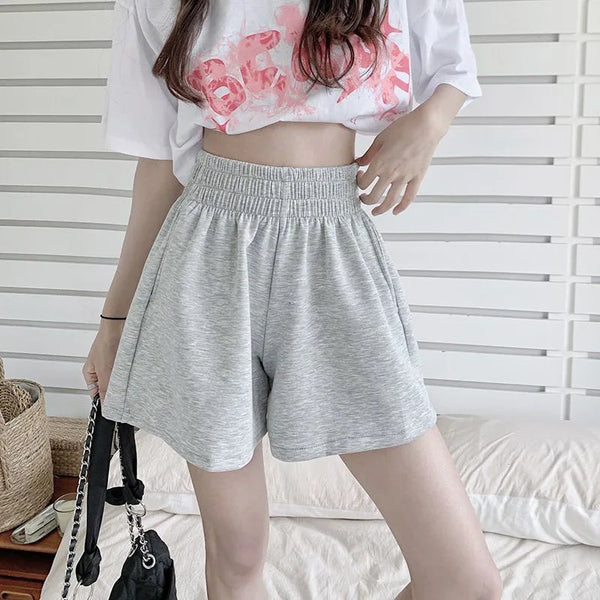 Korean Wide Leg Shorts Ladies Casual All-Match Elastic Waist Sport Short Pants Woman Solid Color Simple Loose Shorts