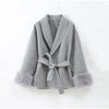 Women Fur Splicing Grey Woolen Coat Casual Belt Full Sleeve Lapel Loose Cardigan Outwear Lady Winter Highstreet Jacket
