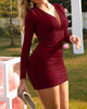 A European women's dress featuring V-neck, sexy long-sleeved solid color, high waist and short hips