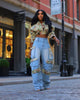 Washed Denim Women's Set Full Sleeve Floral Jacket and Pockets Cargo Jeans Pants Suit Street Two 2 Piece Set Outfit