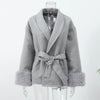 Elegant Lace Up Woolen Coat Women Furry Lapel Fur Patchwork Belt Loose Short Jacket Female Lady Autumn Winter Cardigans