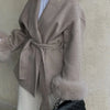 Elegant Lace Up Woolen Coat Women Furry Lapel Fur Patchwork Belt Loose Short Jacket Female Lady Autumn Winter Cardigans