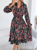 Elegant Floral Print Dresses for Women Autumn Winter Casual V Neck Flare Long Sleeve Ruffled A Line Dress
