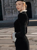 Full Sleeve Lace Patchwork Velvet Maxi Dress Women Elegant Stand Collar Puffed Slim Long Sexy Gowns Lady Evening Dinner Dresses