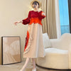 Anmrem Tie Flower Design Women's Pleated Dress O-neck Long Sleeve Colorblock Patchwork Chic Beading Loose Famale Clothes 2DB5753