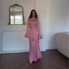 High Neck Ruffled Bell Sleeve Belted Waist Tiered Hem Elegant Maxi Dress Women Formal Evening Gown