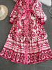 Spring Autumn Retro Palace Long Sleeved Standing Neck Waist Slim Appearance Single woman Breasted A-line Celadon Print Dress