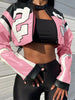Women's Artificial Leather Jacket PU Leather Short Jacket Digital Printed Streetwear Motorcycle Casual Jacket