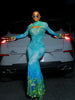 Sexy See Through Dress Women Hollow Hipster Colorful Print Stretch Skinny Midnight Party Clubwear Fishtail Bodycon
