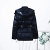 Shiny Belted Waist Jacket For Women Casual Detachable Hood Zipper Pockets Coat Lady Winter Chic Street Outerwear