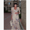 Floral Printed Chiffon Long Dress Women Chic Deep V-neck Lace Patchwork Mini Sleeves Slim Fit Dresses Lady Daily Wear