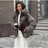 Winter Women Striped Hooded Cotton Jacket Long Sleeve Stand Zipper Buttons Thickening Padded Jackets Casual Office Lady Coat