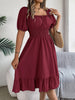 Solid Puff Sleeve Square Neck Ruched Bust Ruffle Hem Wasit Dress, Women's Clothing
