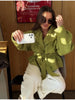 Streetwear Green Belted Jacket Stand Collar Puff Sleeve Cropped Coat Y2k Cool Girl Spring Autumn Casual Outerwear