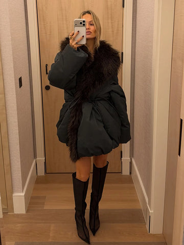 Solid Faux Fur Collar Cotton Coat Women's Elegant Belted Waist Tie Oversized Jacket Winter Warm Chic Casual Streetwear