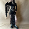 E-girl Goth Punk Bodycon Slip Dress Women Sheer Lace Maxi Dress Bat Long Sleeve Y2k Fairy Grunge See Through Split Flowy Dress