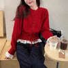 Korean Sweet Lace Patchwork Knitted Cardigan Women Spring Autumn Y2K Harajuku Lace-Up Sweater Coat Short Kawaii O-Neck Knitwear