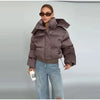 Solid Hooded Cropped Puffer Jacket Women Stand Collar Snap Button Loose Long Sleeve Jackets Winter Casual Warm Padded Coat