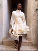 Cream Victorian-inspired Short Dress Women Chic Puff Sleeve Ruched Tiered Waist Cinching Party Dresses Lady Vestidos