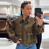 Green Faux Suede Jacket Women's Bomber Jacket Autumn Coats & Jackets Chic Elegant Pockets Long Sleeve Outerwear