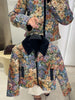 Vintage Floral Print Women Cropped Jacket Contrast Velvet Collar Zip Up Long Sleeve Slim Fit Side Pockets Coat Outerwear