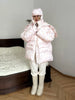 Women's Floral Print Hooded Puffer Jacket with Bow Decor Cute Oversized Winter Warm Coat Loose Casual Feminine Outerwear