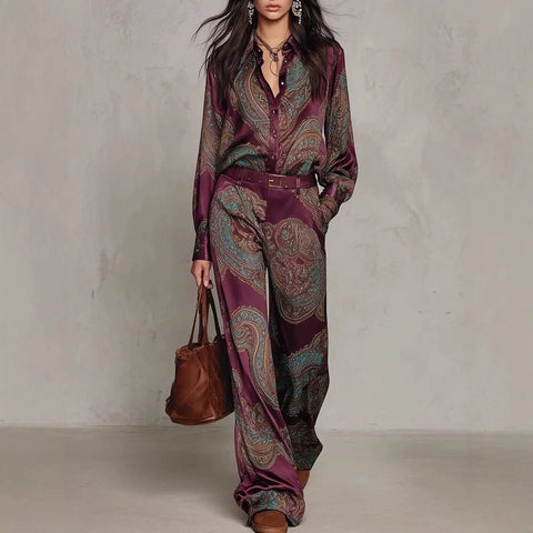 Women's Bohemian Paisley Print Two-Piece Set Lapel Neck Long Sleeve Blouse Top Wide Leg Pants Casual Loose Suit for Vacation