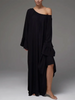 Parc Fee Casual Loose White Women Dress Elegant U-Neck Long Sleeve Floor-Length Dresses Simple Oversize Solid Female Dress