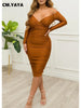 Women Off Shoulder V-neck Ruched Stacked Bodycon Midi Dress Autumn Winter Long Sleeve Party Club Prom Vestidos