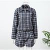 Women Casual Plaid Shorts Set Lapel Long-sleeved Zipper Jacket Short Pants Suit Lady Spring Daily Loose Outfits