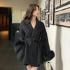 Elegant Lace Up Woolen Coat Women Furry Lapel Fur Patchwork Belt Loose Short Jacket Female Lady Autumn Winter Cardigans
