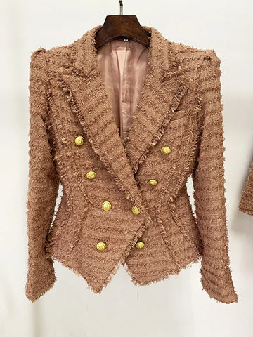 High Street A/W Designer Jacket Women's Classic Lion Buttons Tassel Fringed Tweed Blazer
