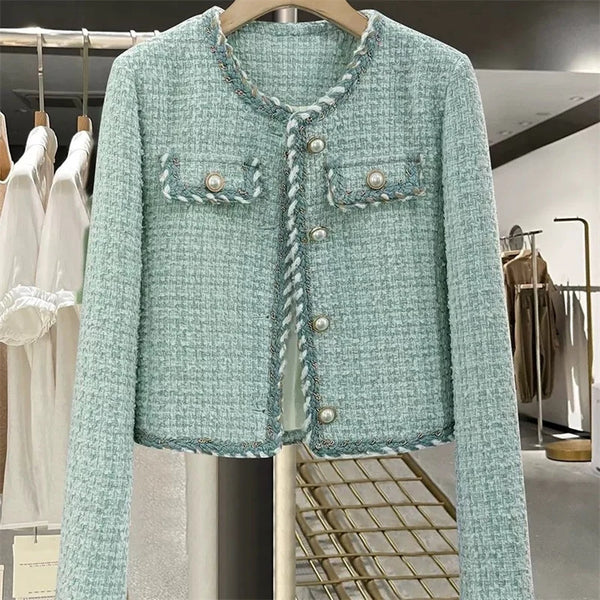 Women Elegant Tweed Jackets Chic O-neck Long Sleeve Tops Autumn Single-breasted Office Cardigan Coat Outerwear