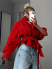 Solid Tie Waist Cinching Suede Jackets Women Chic Stand Up Collar Loose Crop Short Coats Lady Autumn Commute Daily Outfit