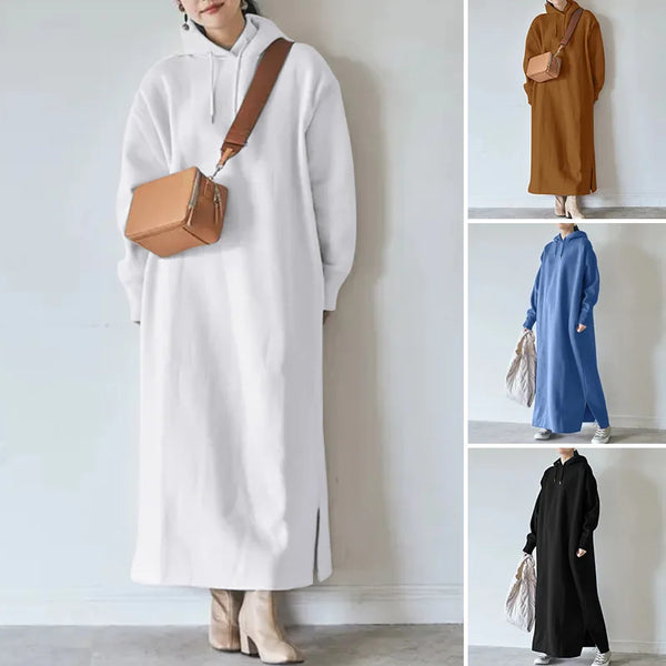 Women Loose Hooded Long Maxi Dress Spring Autumn Female Tie Collar Long Sleeve Baggy Straight Sweatshirt Dresses JYFS-2175