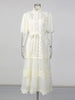Dot Print Sheer Dress for Women Stand Collar Puff Sleeve High Waist Patchwork Lace Up Elegant Casual Dresses Female