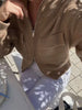 Women Camel Ribbed Knit Cardigan Zip Up High Collar Long Sleeve Cropped Sweater Flap Pockets Jacket Casual Autumn Outfits